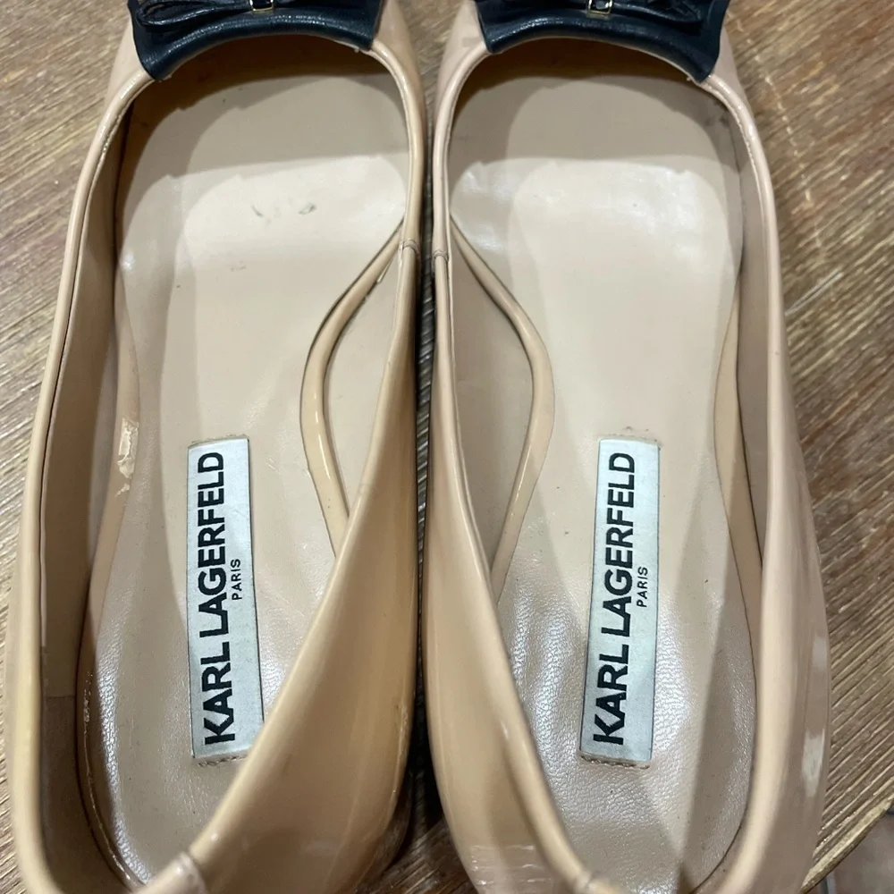 Karl Lagerfeld Nude Beige Block Heel Pumps with Black Fringe Accent